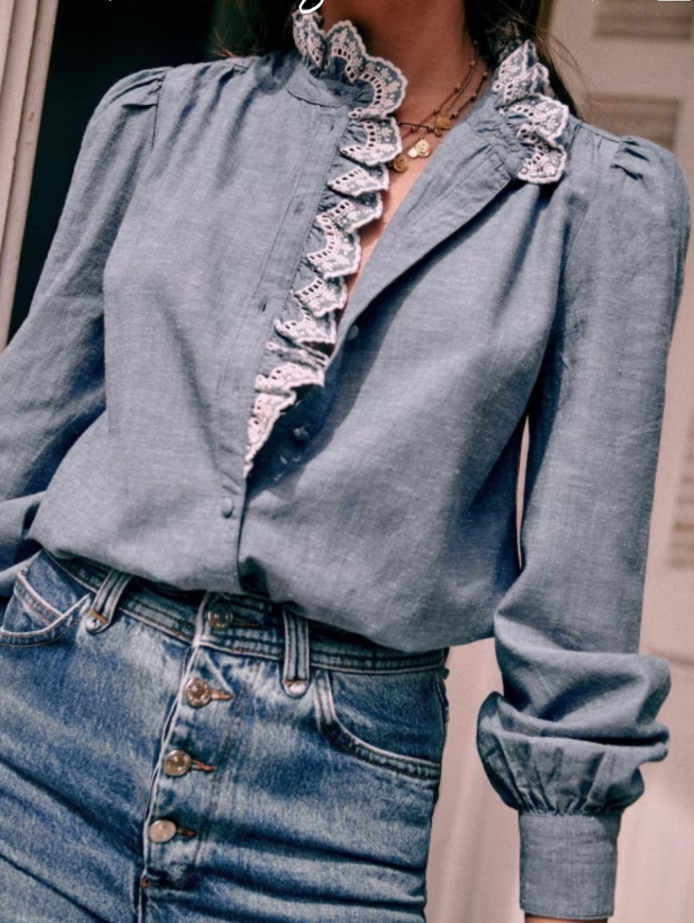 Sezane Chlo Shirt in Chambray Blue, Size 2, Embroidery Trim, French Romantic - Picture 3 of 11